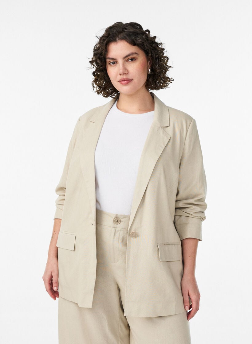 Blazer i linne och viskos med slag och fickor, Beige, Model image number 0