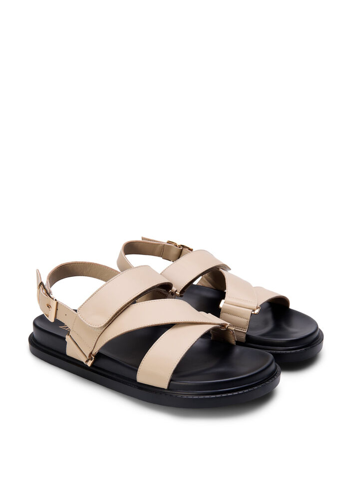 Lädersandal med bred passform och justerbara remmar, Beige, Packshot image number 1