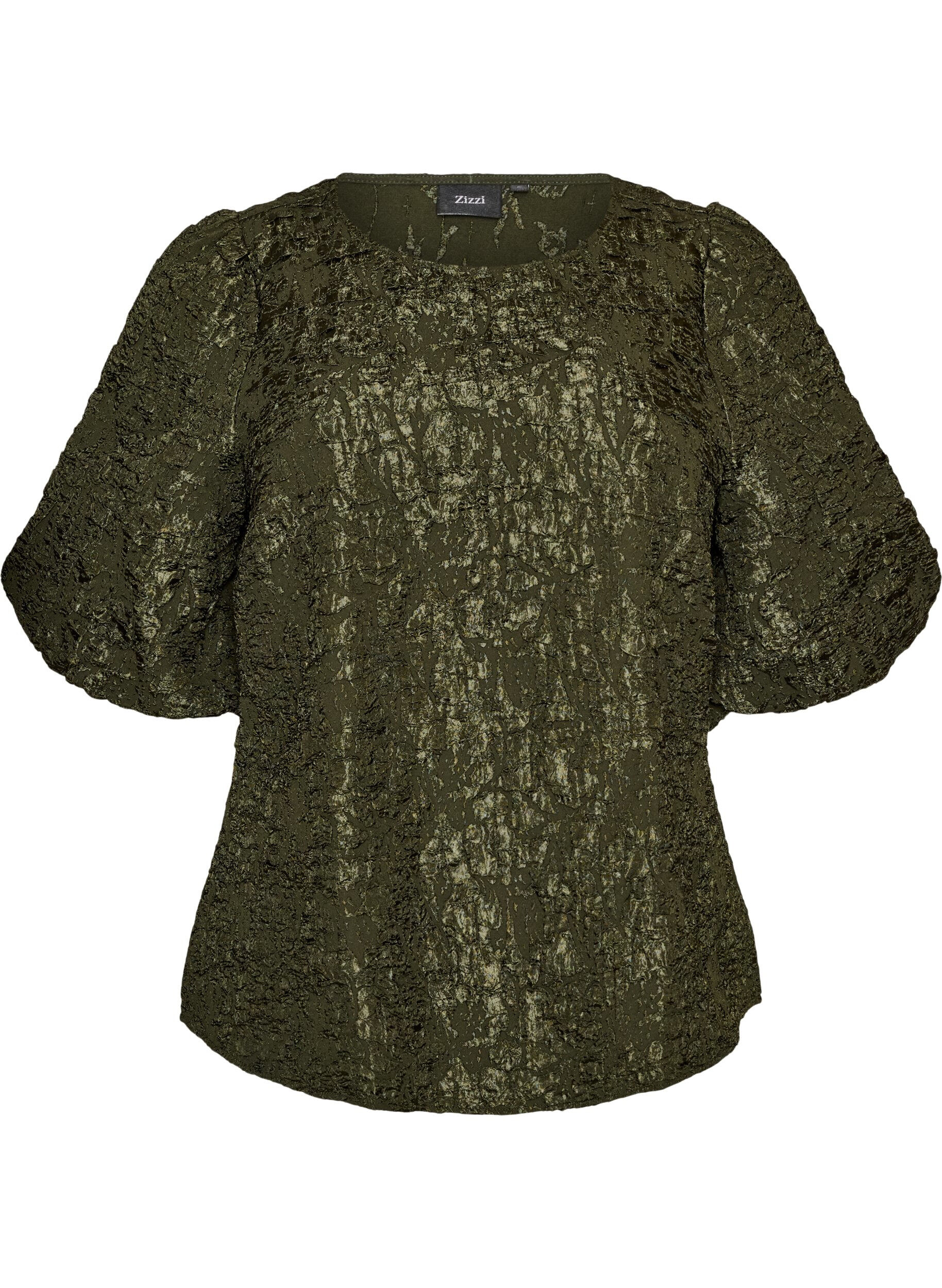 ZizziBlus i jacquard med puff&auml;rmar och a-linjeformad passform, Gr&ouml;n, Packshot image number 0