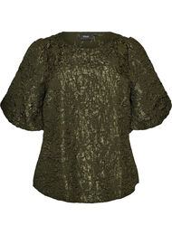 Blus i jacquard med puff&auml;rmar och a-linjeformad passform, Gr&ouml;n
