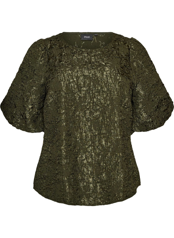 Blus i jacquard med puff&auml;rmar och a-linjeformad passform, Gr&ouml;n, Packshot image number 0