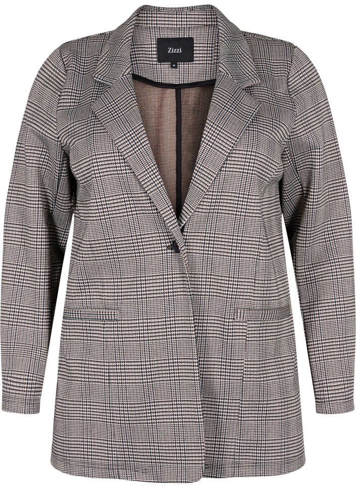 Rutig blazer med knapp, Beige Brown Check, Packshot image number 0