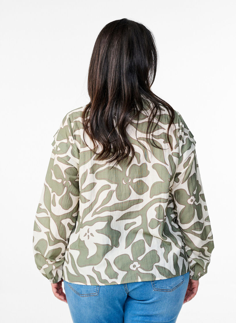 Skjortablous med tryck och volangdetaljer, Grön, Model image number 2