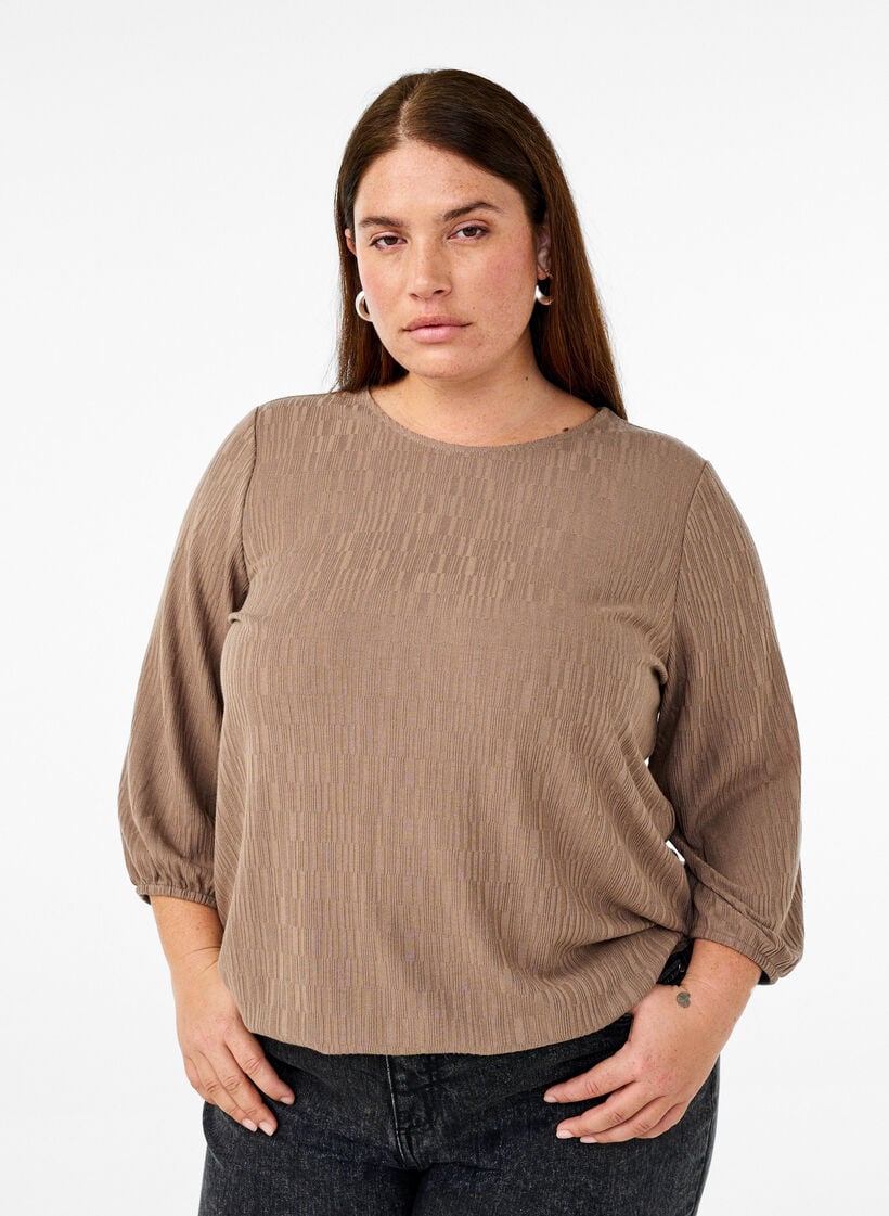 Blus med struktur och 3/4-&auml;rmar, Brun, Model image number 0