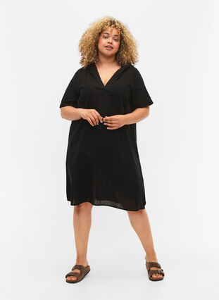 Huvklänning i bomullsblandning med linne, Black, Model image number 2
