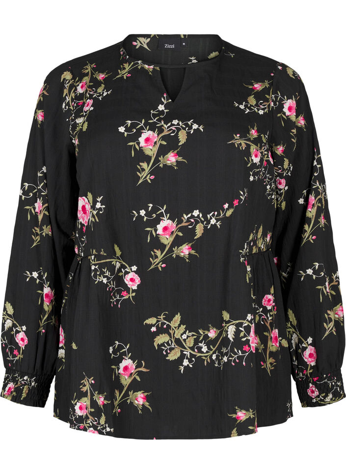 Långärmad blus med blommönster, Svart, Packshot image number 0