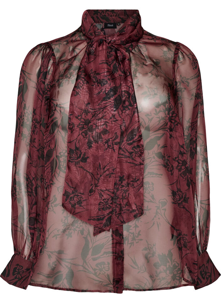 Skir skjortblus med blomm&ouml;nster och knytdetalj, M&ouml;rk Bordeaux, Packshot image number 0