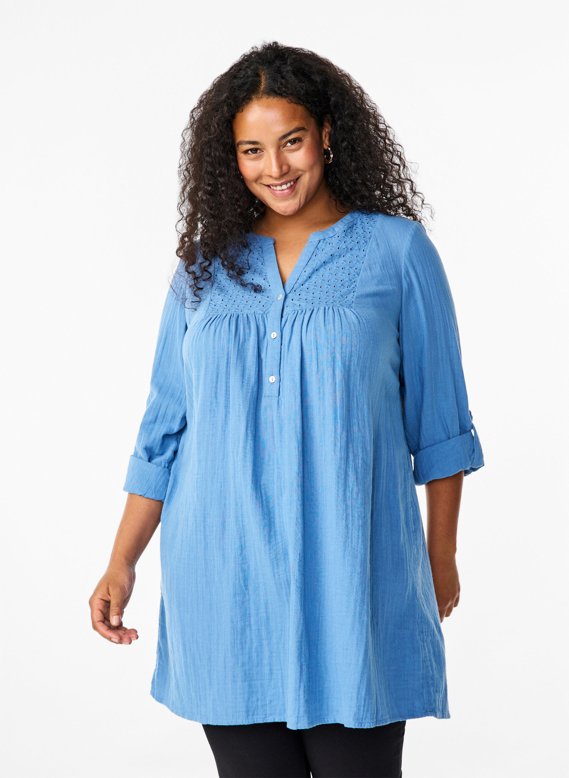 Zizzi Tunika i bomull med anglaise-brodyr, Riverside, Model image number 0