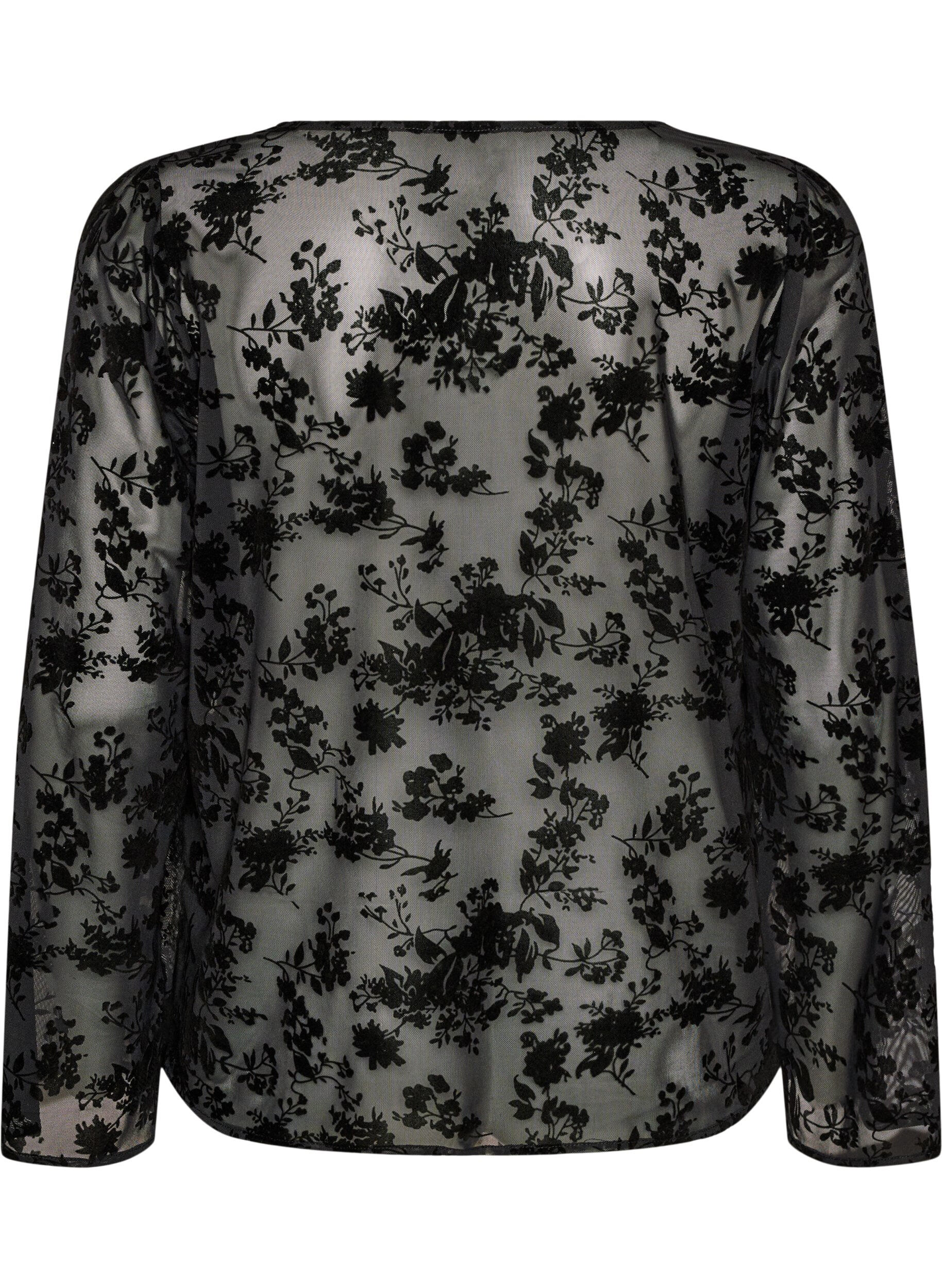 ZizziMeshblus med blomm&ouml;nster och &ouml;ppen front, Svart, Packshot image number 1