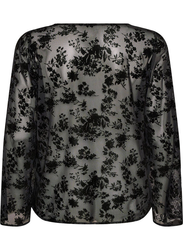Meshblus med blomm&ouml;nster och &ouml;ppen front, Svart, Packshot image number 1
