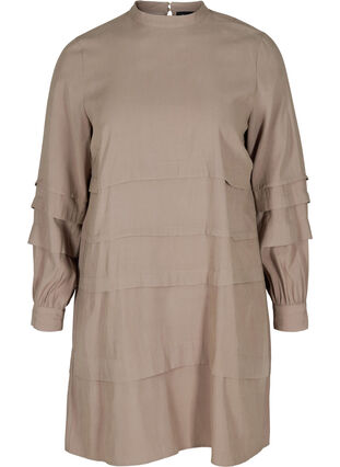 Viskosklänning med långa ärmar och veck, Desert Taupe, Packshot image number 0