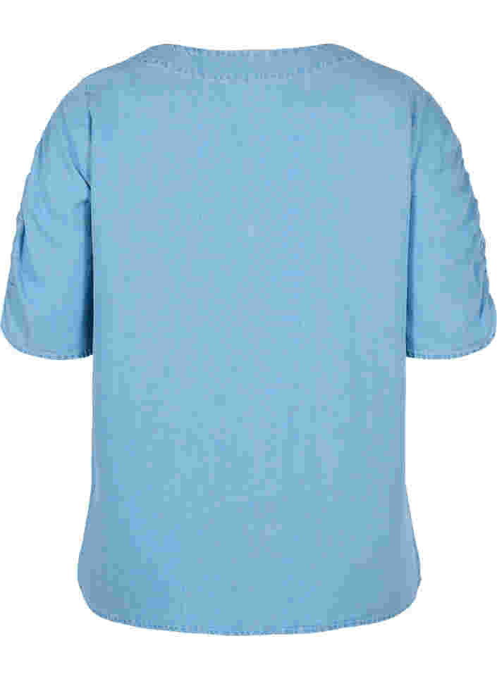 Blus med draperade ärmar, Light blue denim, Packshot image number 1