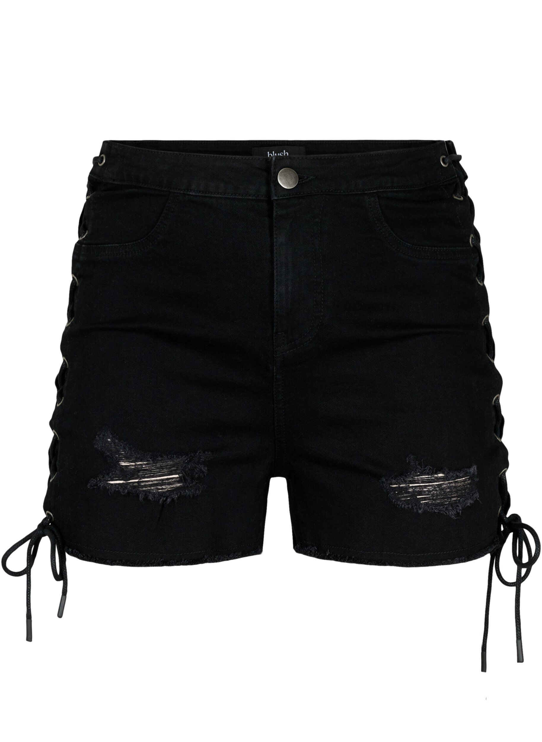 Zizzi Denimshorts med slitna detaljer och sn&ouml;rning, Black Denim, Packshot image number 0