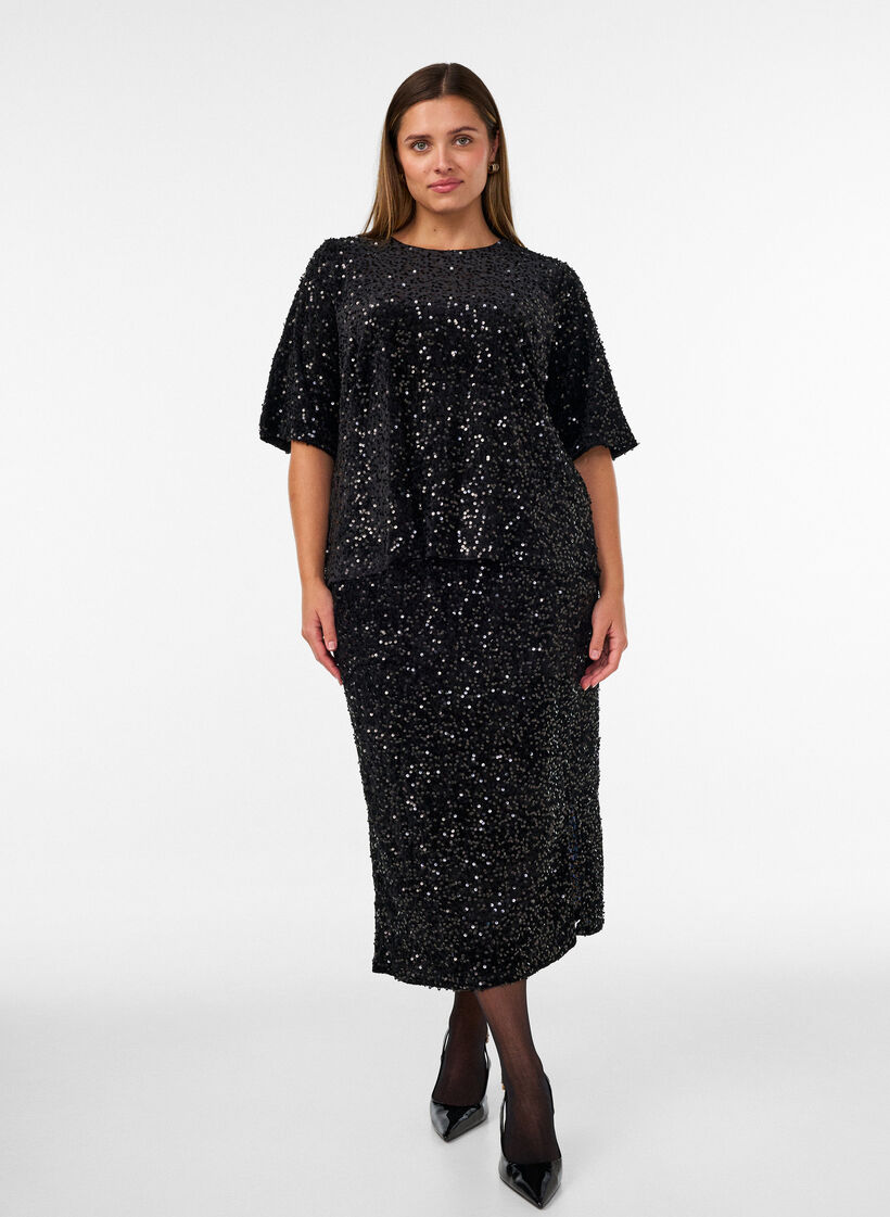 Midikjol med paljetter och slitsar, Svart, Model image number 0