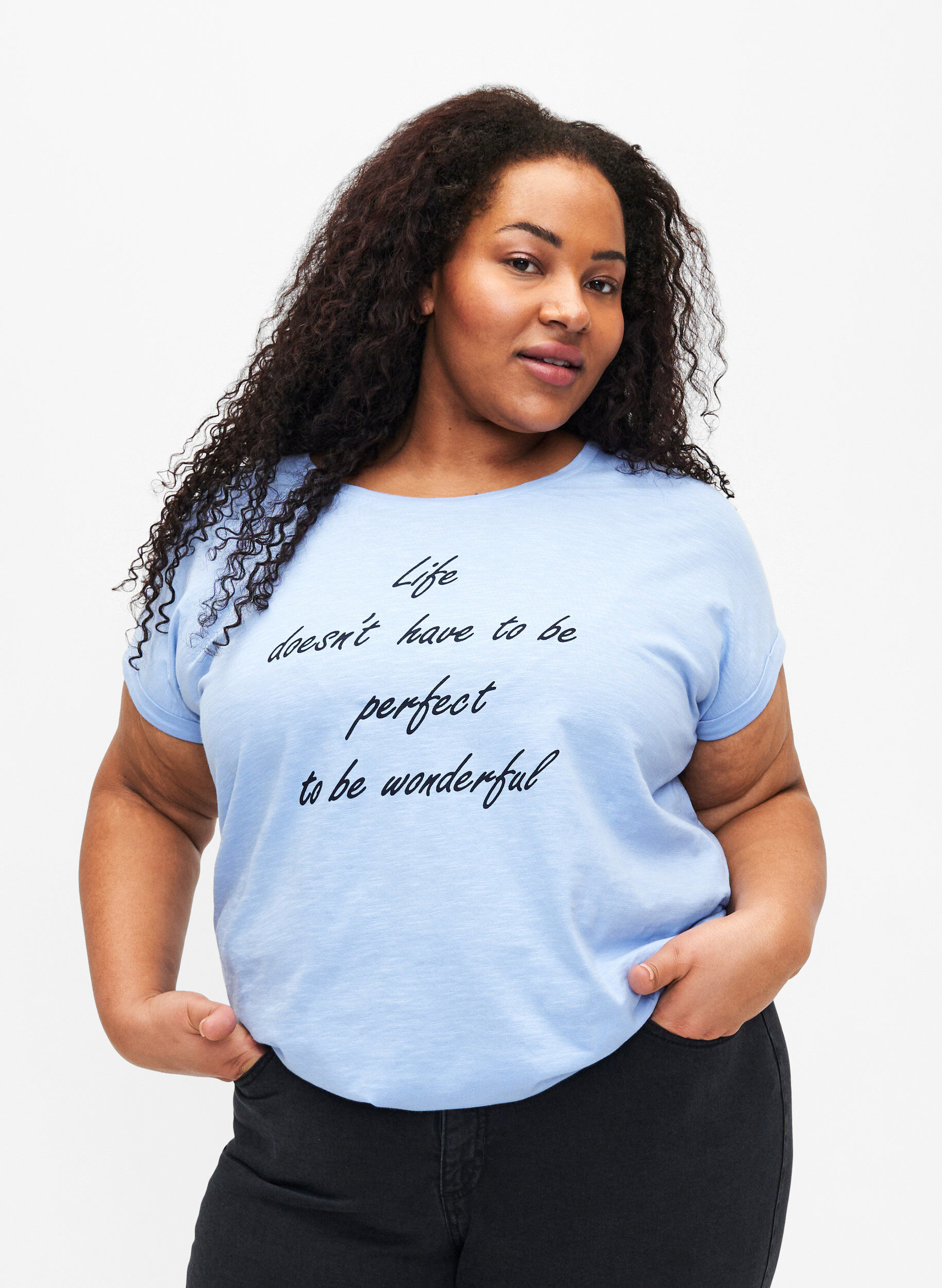 Zizzi T-shirt med tryck i ekologisk bomull, Serenityw.Navy Print, Model image number 0