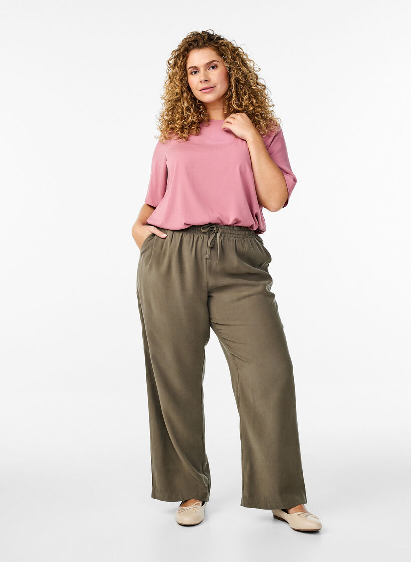 Kort&auml;rmad v&auml;vd blus med rund hals, Rosa, Model image number 1