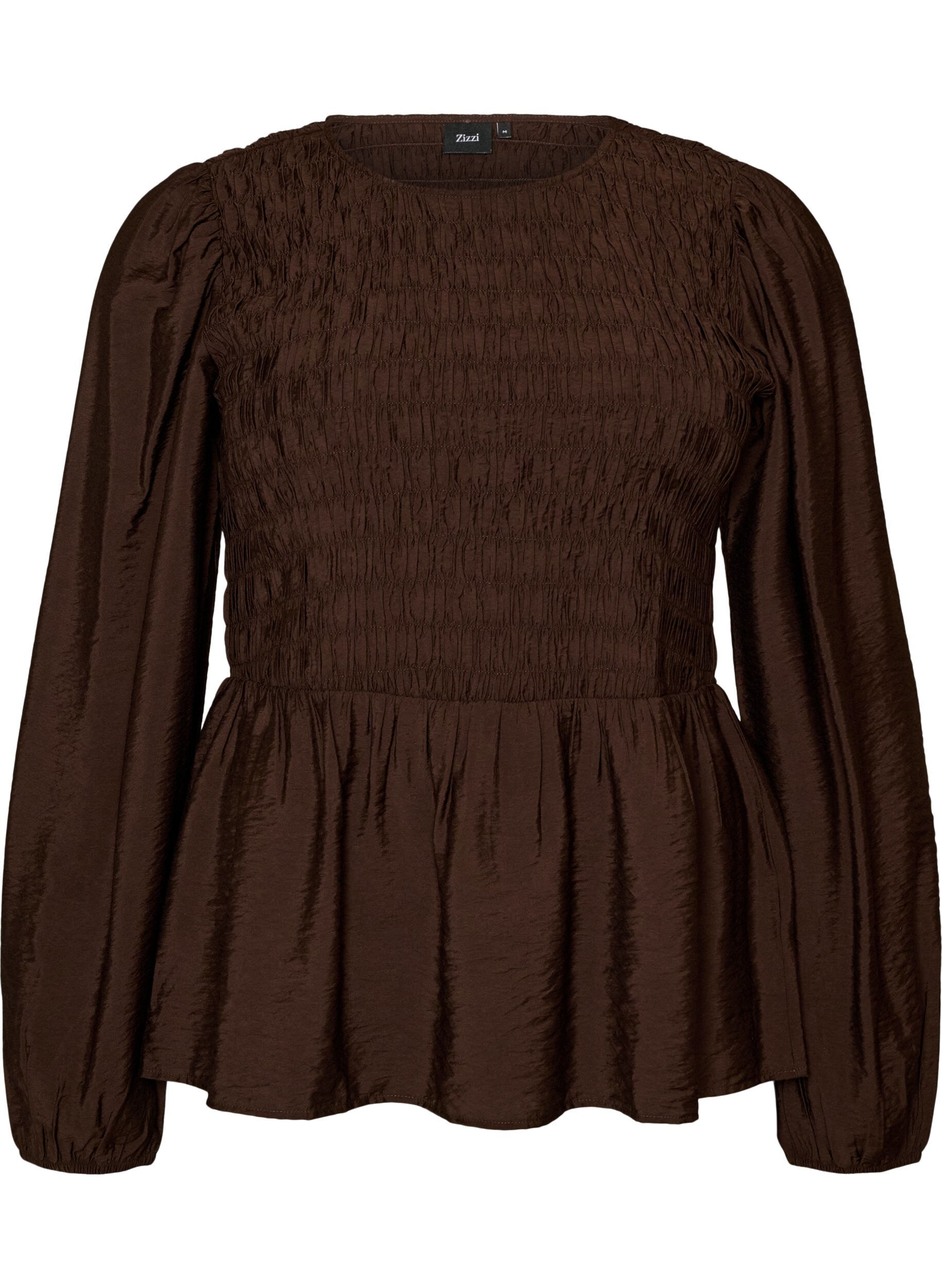 ZizziBlus med smock och l&aring;nga &auml;rmar, Brun, Packshot image number 0