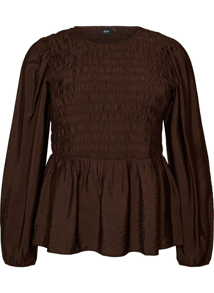 Blus med smock och l&aring;nga &auml;rmar, Brun, Packshot image number 0