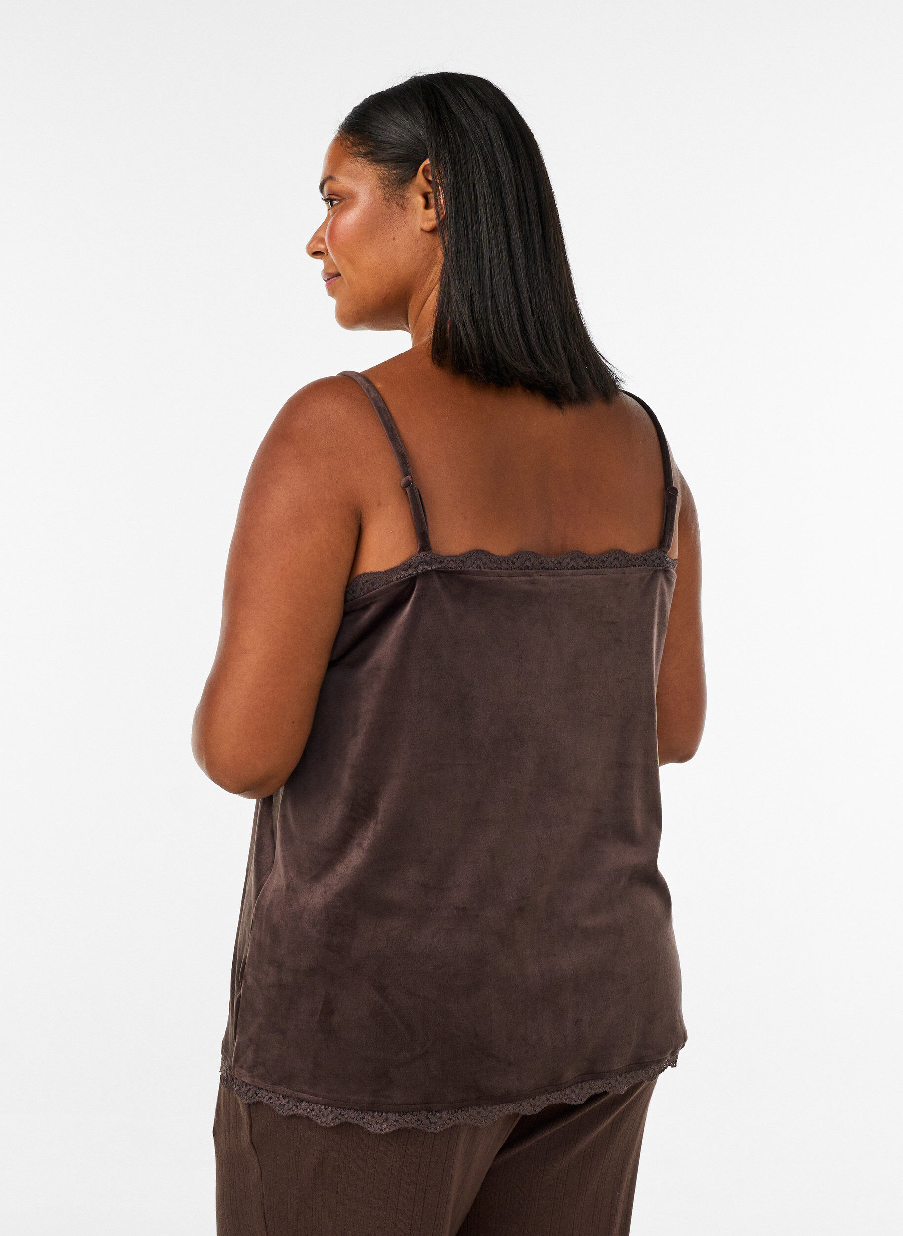 ZizziTopp i velour med spetskant, Brun, Model image number 2