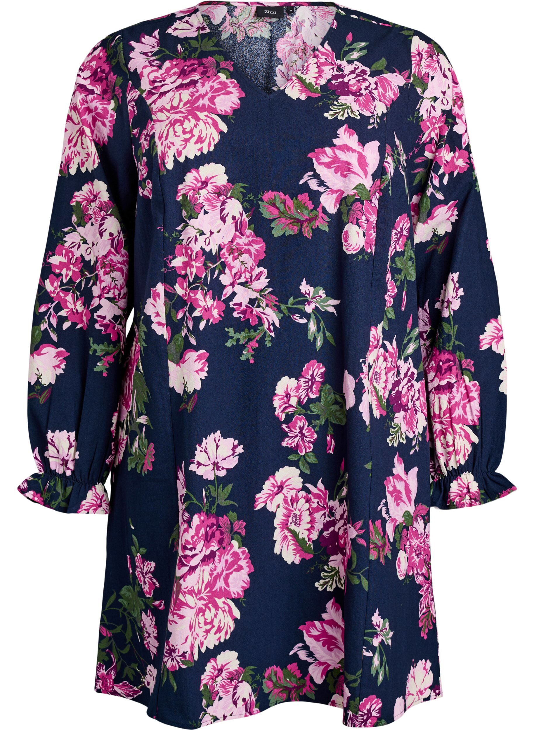 Kort kl&auml;nning i bomull med v-ringning och l&aring;nga &auml;rmar