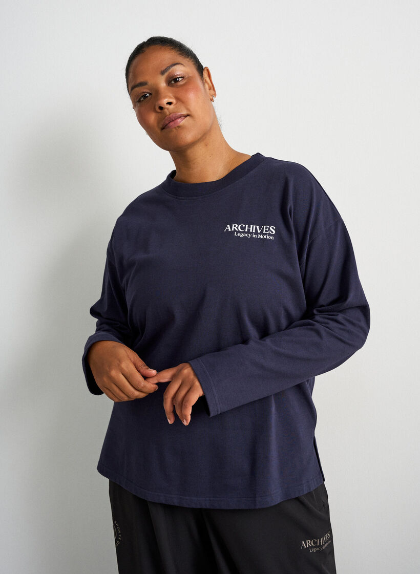 L&aring;ng&auml;rmad blus i jersey med texttryck, Bl&aring;, Model image number 0
