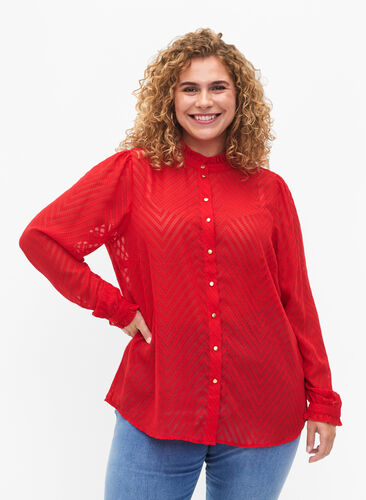 Skjortblus med volanger och mönstrad textur, Tango Red, Model image number 0