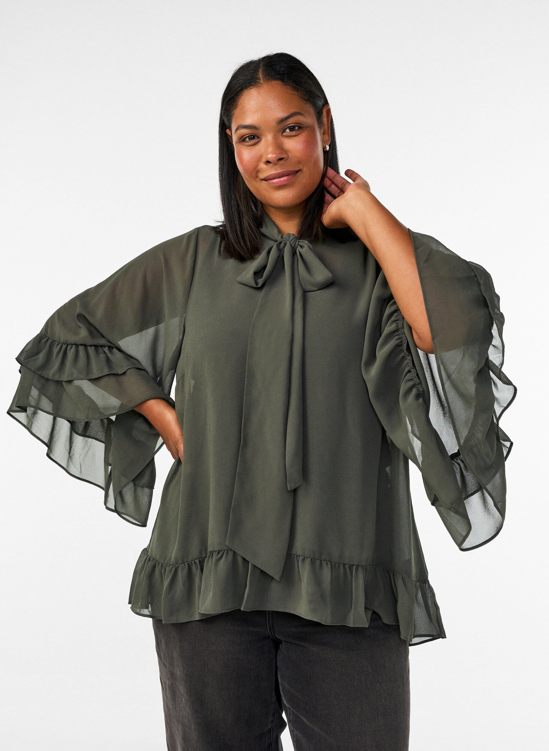 Blus med knytband och volangdetaljer, Gr&aring;, Model
