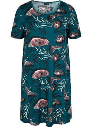 Pyjamasklänning i viskos med blommigt mönster, Deep Teal Flower, Packshot image number 0