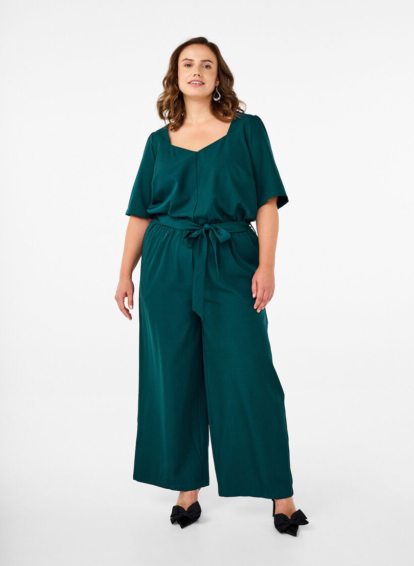 Jumpsuit med skärp och korta ärmar, Sea Moss Melange, Model image number 0