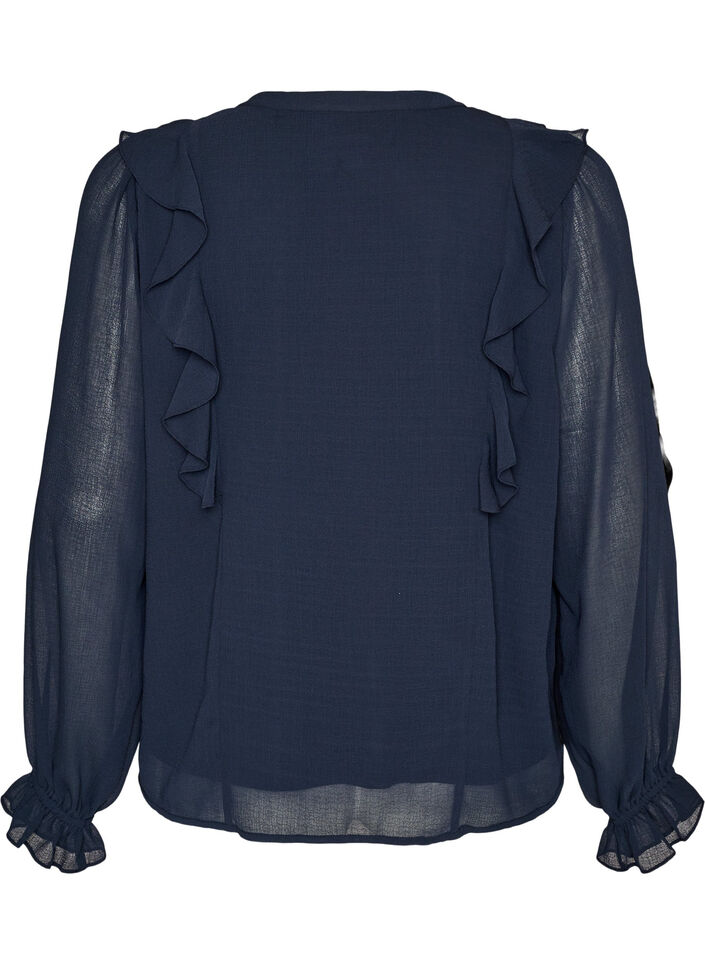 Skir blus med volanger och knytning, Bl&aring;, Packshot image number 1