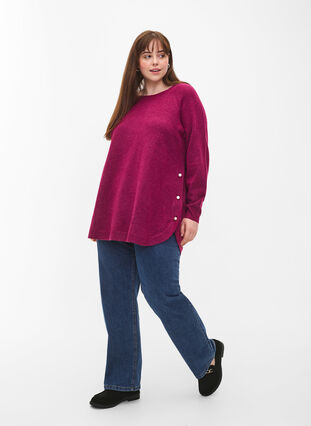 Melerad stickad tröja med pärlknappar på sidorna	, Raspberry Mel., Model image number 2