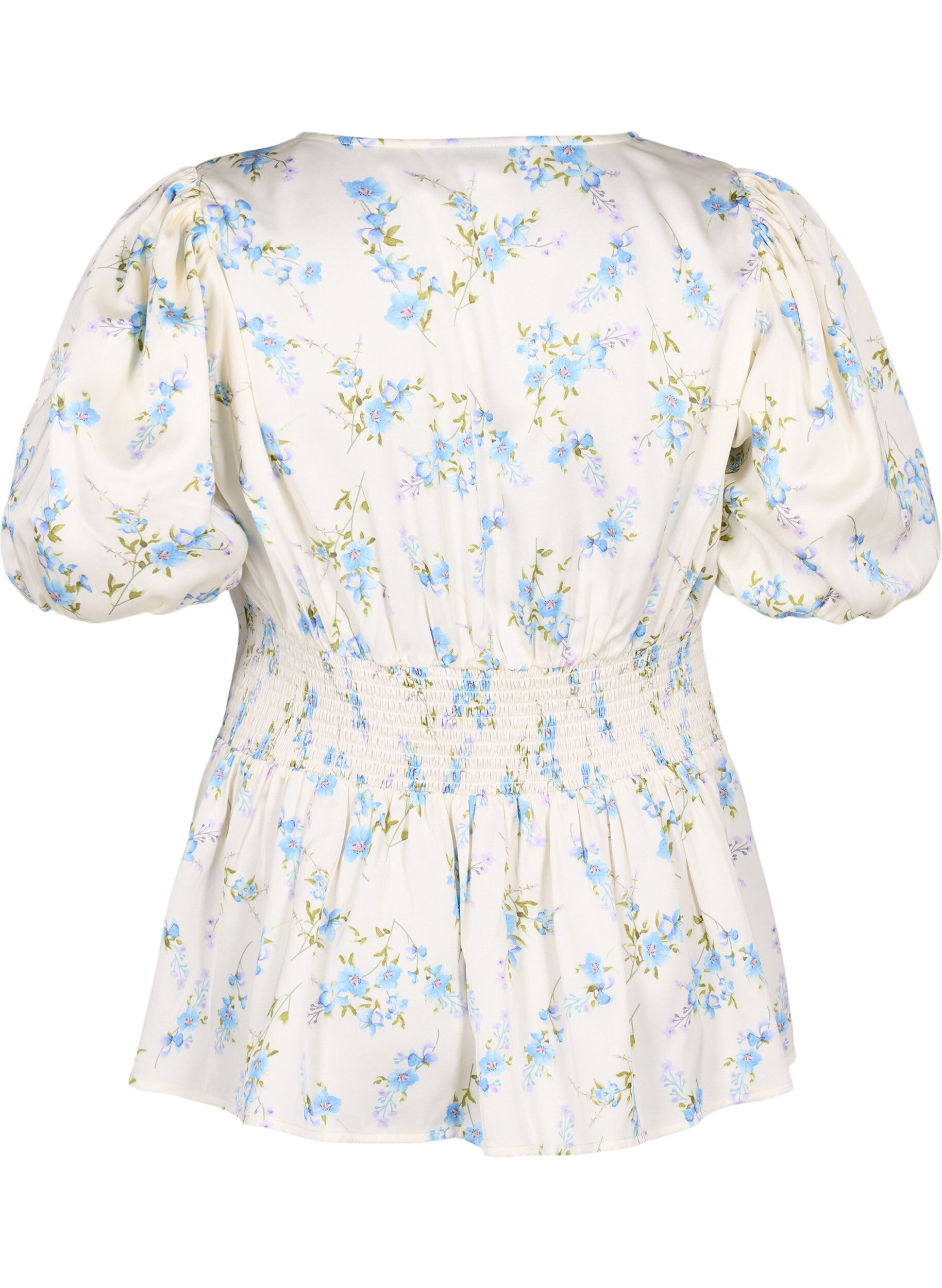 Zizzi Blommig satinblus med puff&auml;rmar, Off White Blue Fl., Packshot image number 1