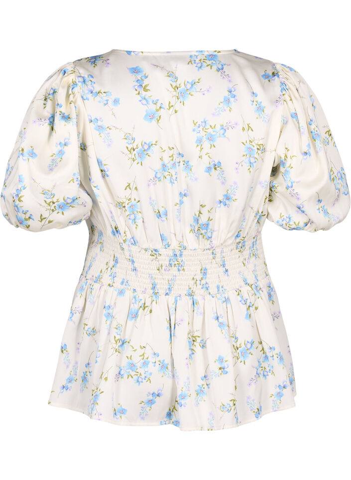 Blommig satinblus med puffärmar, Off White Blue Fl., Packshot image number 1