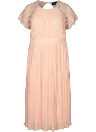 Kortärmad plisserad klänning med spets och smock¨, Rose Smoke, Packshot image number 0