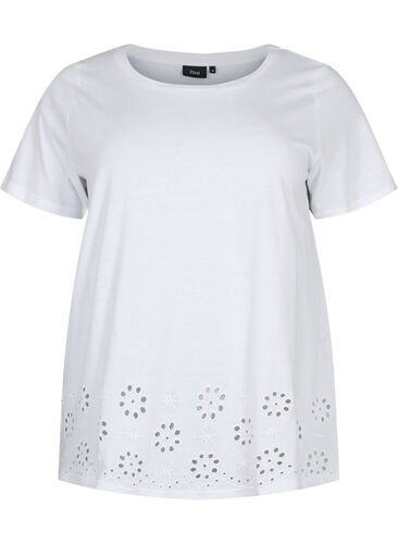 T-shirt i bomull med broderi anglaise, Bright White, Packshot image number 0