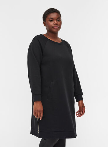 Sweatshirtklänning med fickor och slits, Black, Model image number 0