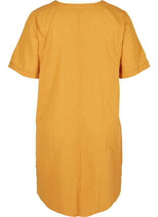 Kortärmad klänning i bomullsmix med linne, Honey Mustard, Packshot image number 1