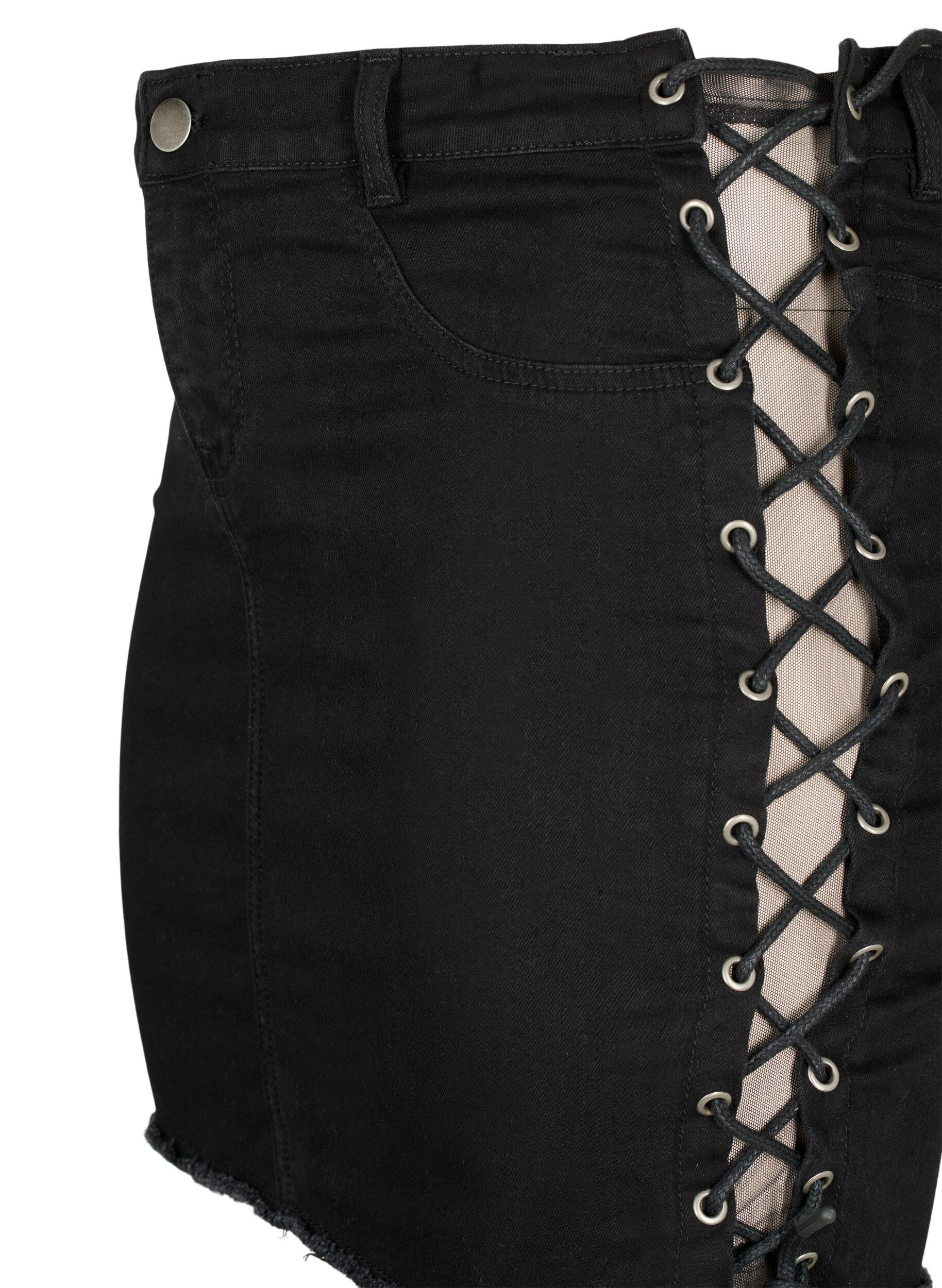 Zizzi Kort jeanskjol med sn&ouml;rningsdetaljer, Black, Packshot image number 2