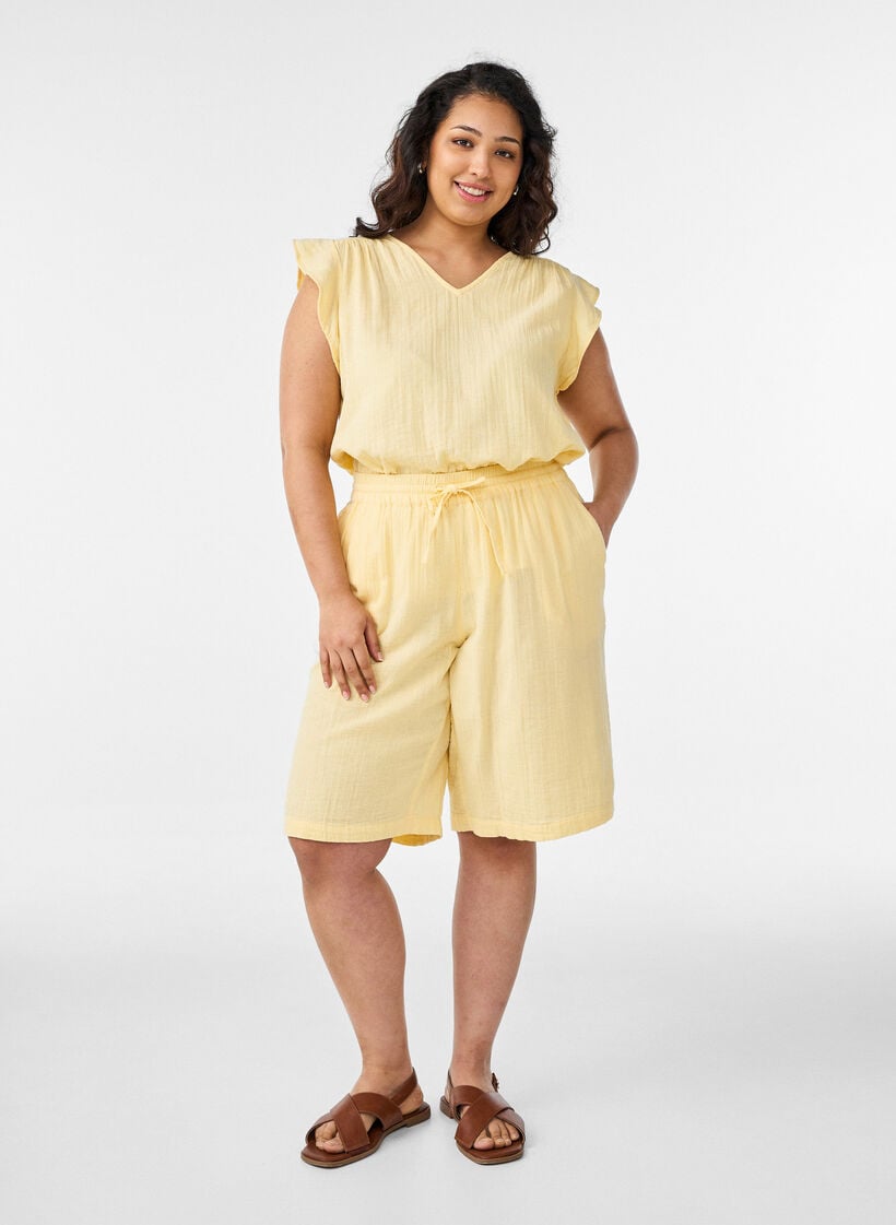 &Auml;rml&ouml;s topp i bomullsmuslin med volanger, Gul, Model image number 1