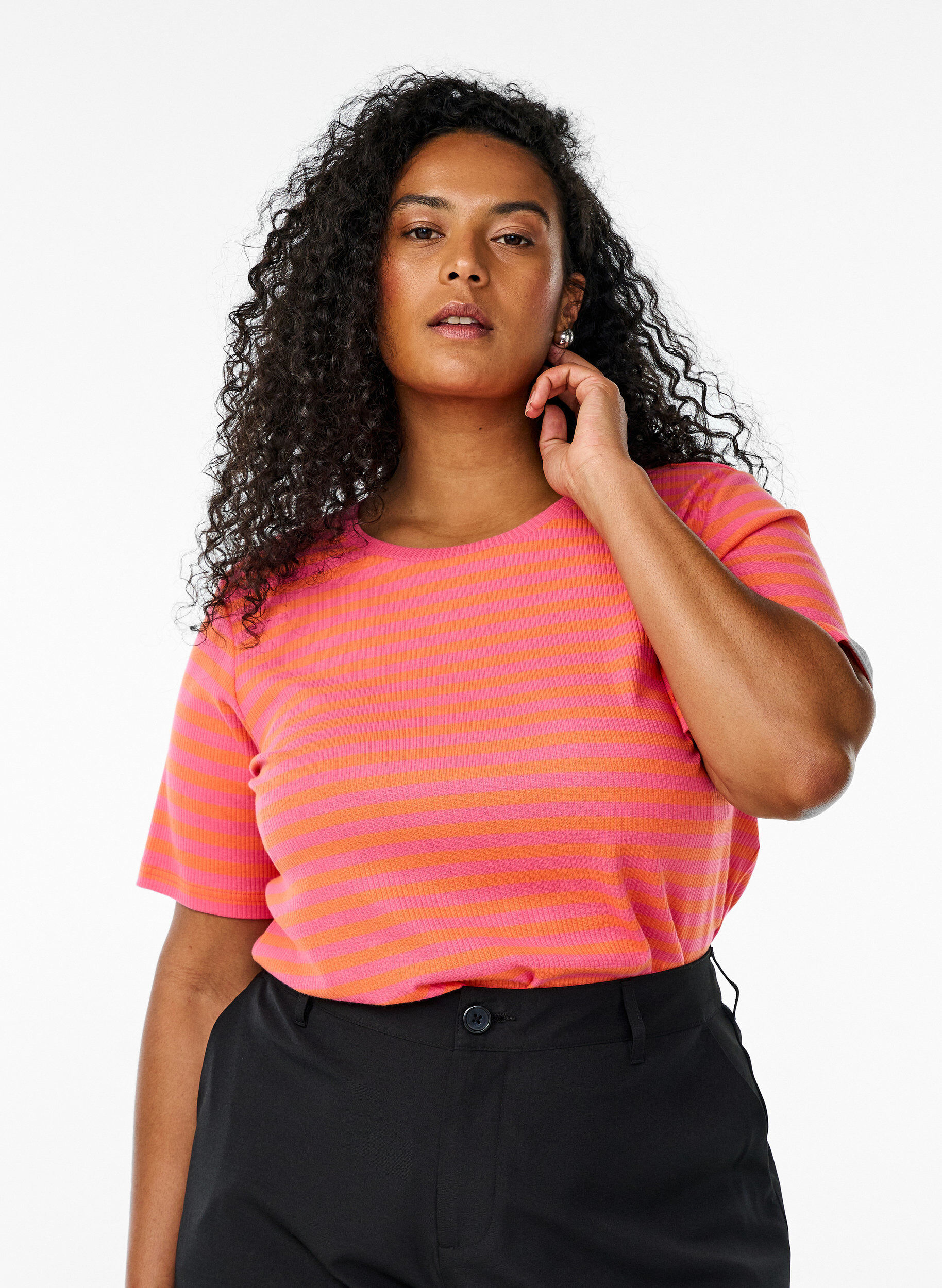 Zizzi Randig t-shirt med ribbad struktur, Orange, Model image number 0