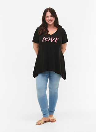 T-shirt i bomull med kort ärmar, Black LOVE, Model image number 2