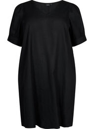 V-ringad klänning i bomullsblandning med linne, Black