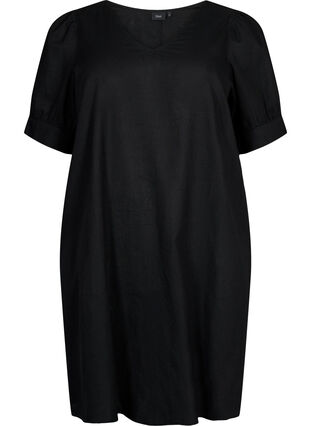 V-ringad klänning i bomullsblandning med linne, Black, Packshot image number 0
