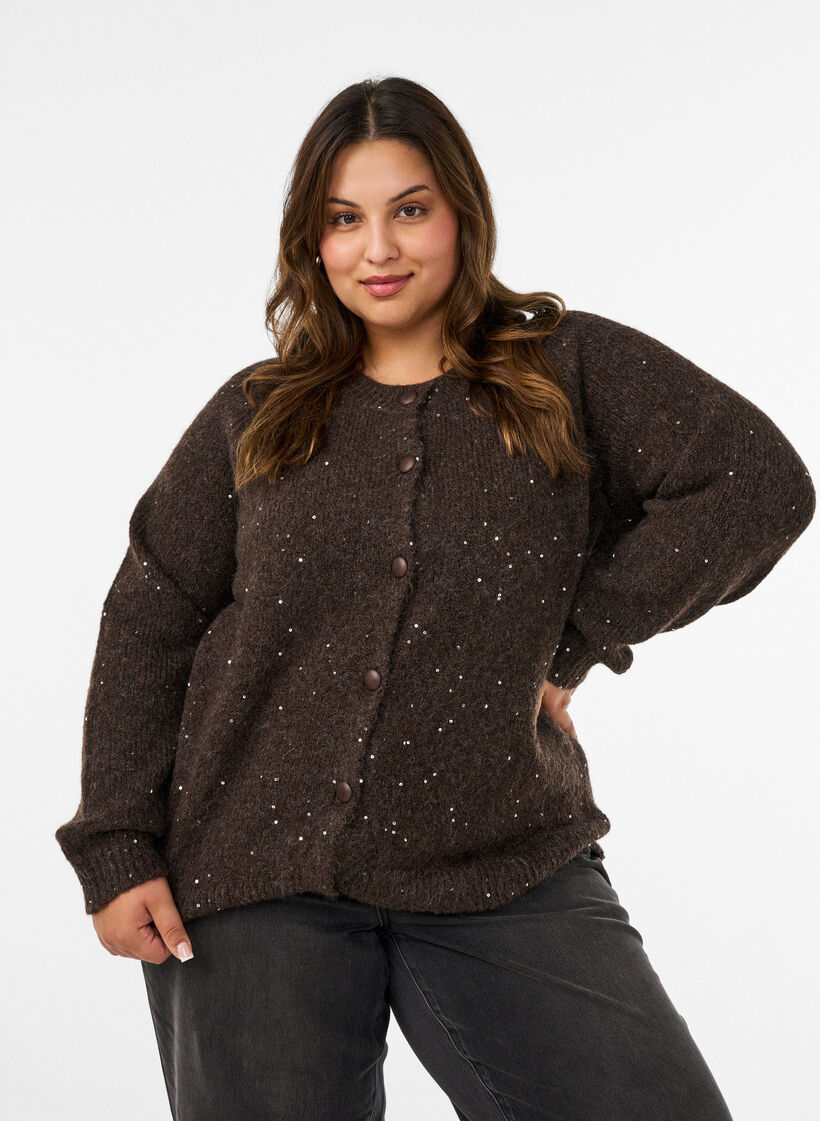 Cardigan med paljetter och knappar, Brun, Model image number 0