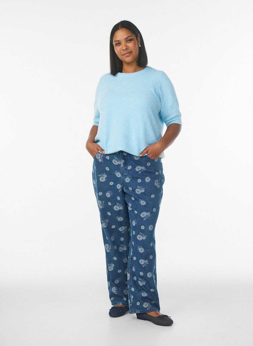 Stickad blus med korta &auml;rmar, Bl&aring;, Model image number 0