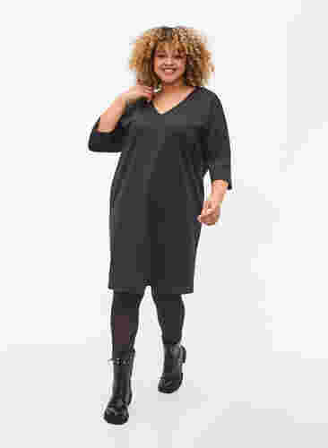 Melerad klänning med 3/4-ärmar och v-hals, Dark Grey Mel., Model image number 2
