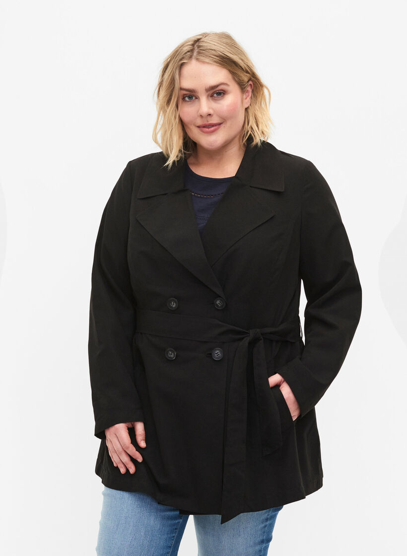 Trenchcoat med bälte och fickor, Black, Model image number 0