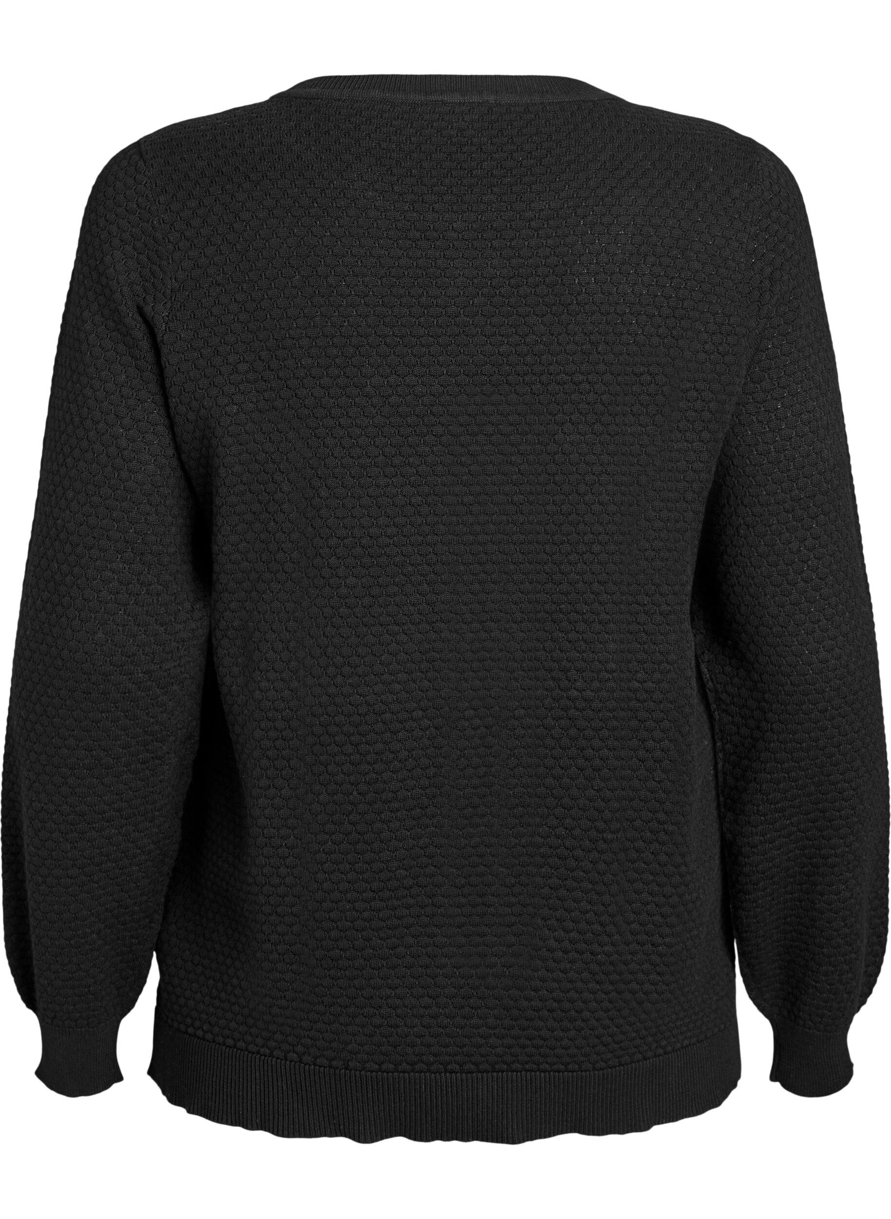 Zizzi Stickad blus i bomull med strukturm&ouml;nster, Svart, Packshot image number 1