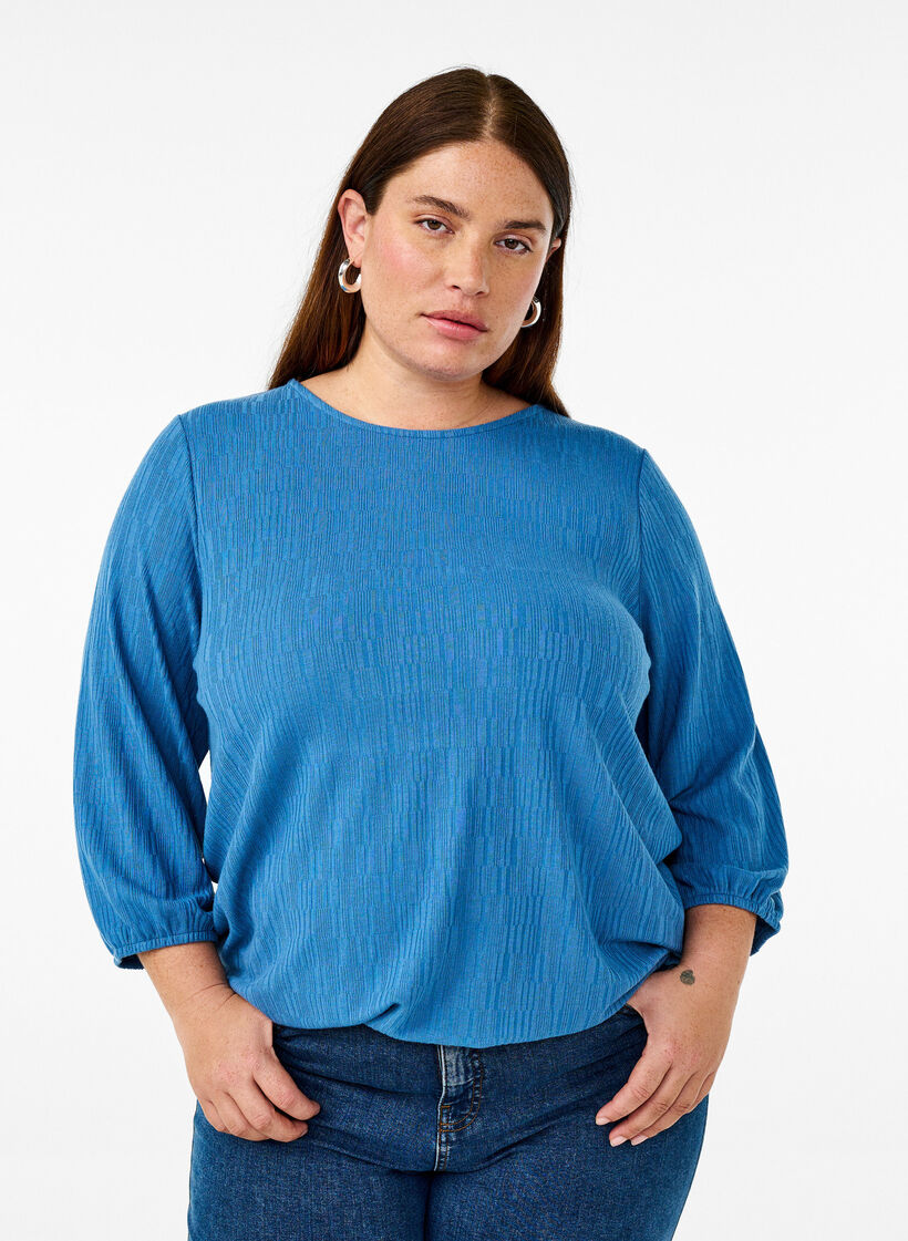 Blus med struktur och 3/4-&auml;rmar, Bl&aring;, Model image number 0
