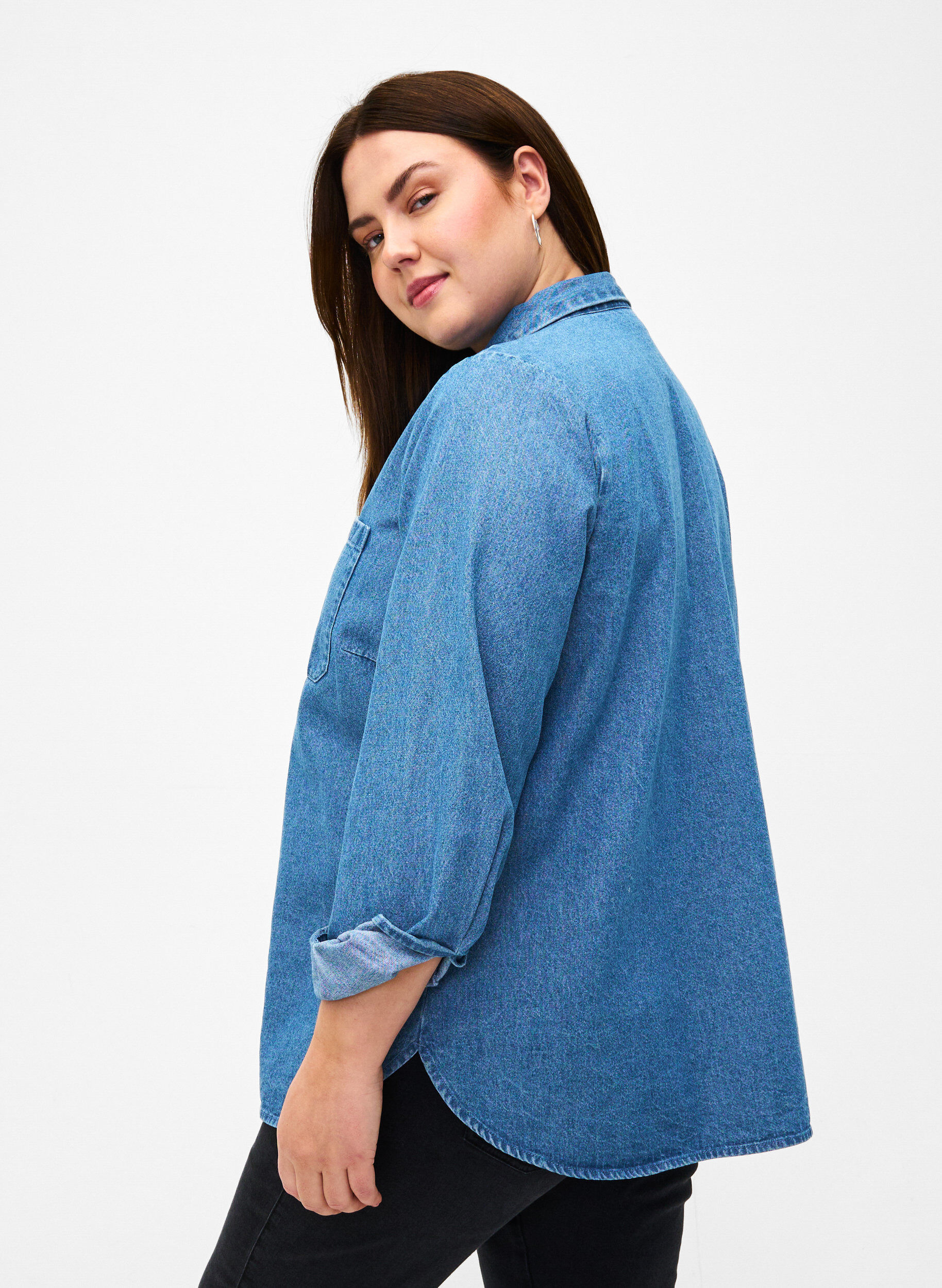ZizziL&aring;ng&auml;rmad jeansskjorta med br&ouml;stficka, Light Blue Denim, Model image number 1